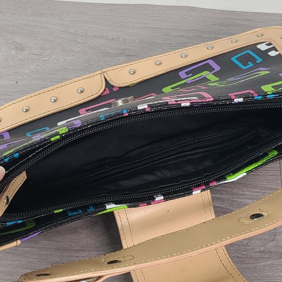 Guess Baguette Shoulder Bag Multicolor G Logo Black Tan Trim Y2K - Picture 3 of 5